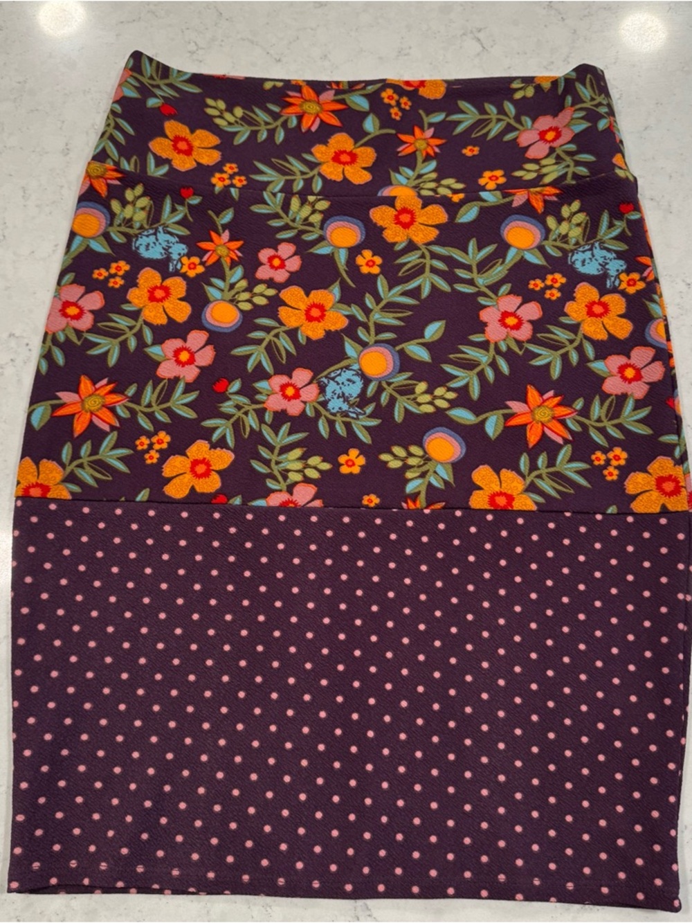 LuLaRoe Cassie Pencil Skirt Plum Floral Pink Polka Dot Orange Green Knee Length
